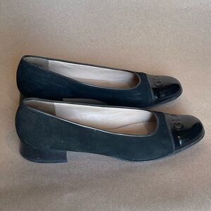 Salvatore Ferragamo Black Suede Flats with Patent Toe and Gancini